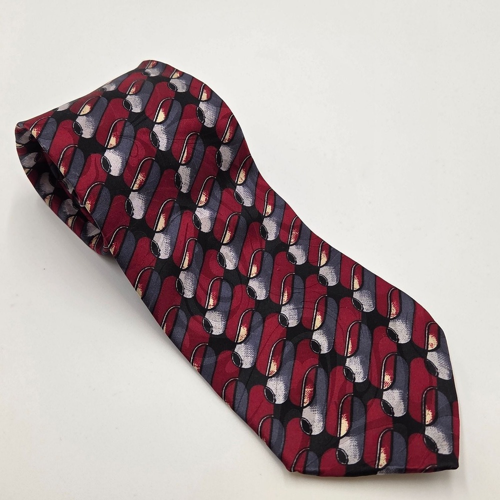Charvet Mens Silk Tie Red Gray Black Abstract Geometric Pattern